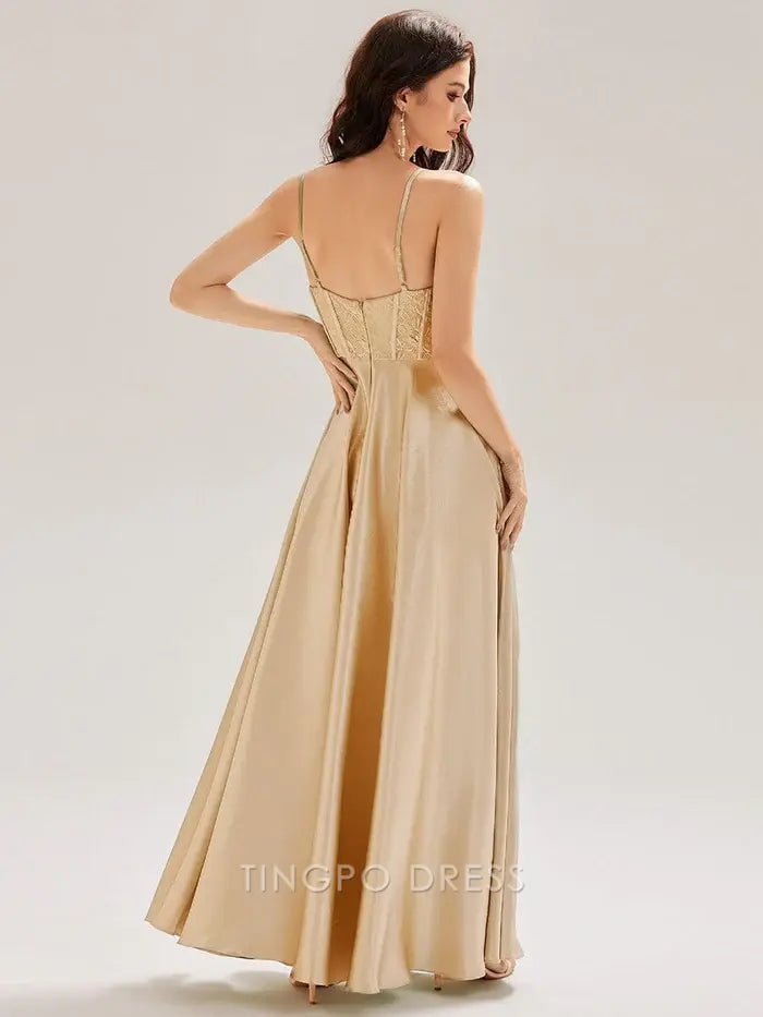 Elegant Spaghetti Strap Lace Bodice Satin Floor-Length Maxi Dress Prom Dress